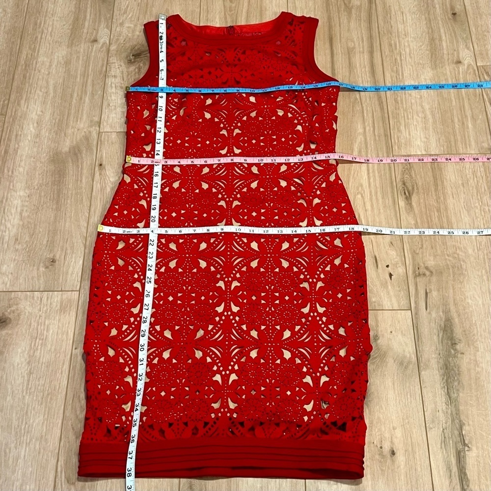 Tadashi Shoji Red Laser Cut Suede Sheath Knee Length Dress Size medium - Picture 11 of 16